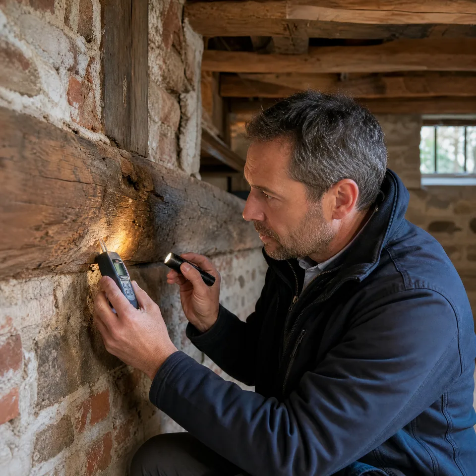 Diagnostiqueur mérule contrôlant l’humidité des bois à Fouquereuil
